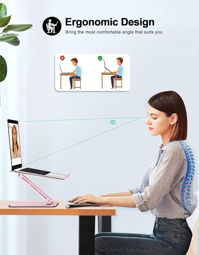 RIWUCT Foldable Aluminum Alloy Laptop Stand for Desk, Height Adjustable Ergonomic Computer Stand, Portable Laptop Riser Holder Printer Stand Compatible with MacBook Pro Air/HP/Dell 10-16", Pink