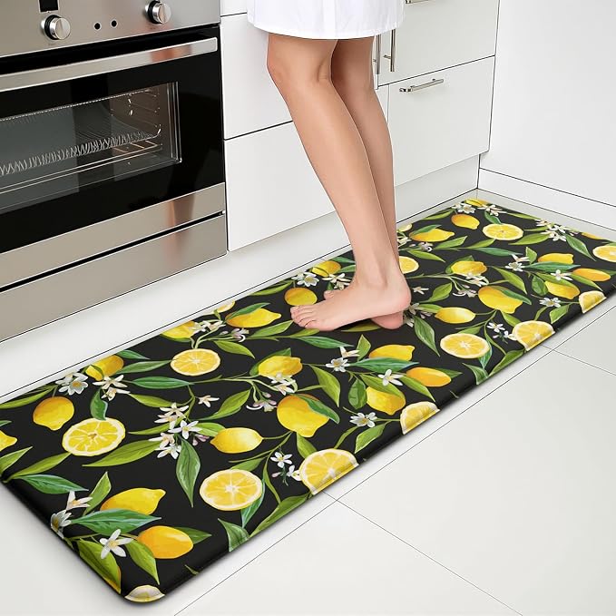 Lemon Kitchen Decor Kitchen Mat, Cushioned Anti Fatigue, Non-Slip | Lemon Pattern,Cushioned Comfort,Non-Slip Backing,Waterproof Surface,Soft Underfoot,Easy Clean,Kitchen Sink,Laundry