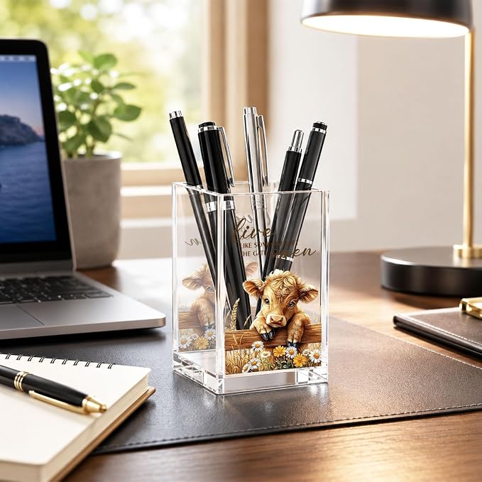 Highland Cow Acrylic Pen Holder Cup, “Live Like Someone Left the Gate Open” Desk Decor, Cute Cow Pencil Holder Organizer, Farmhouse Office Accessories, Gift for Women