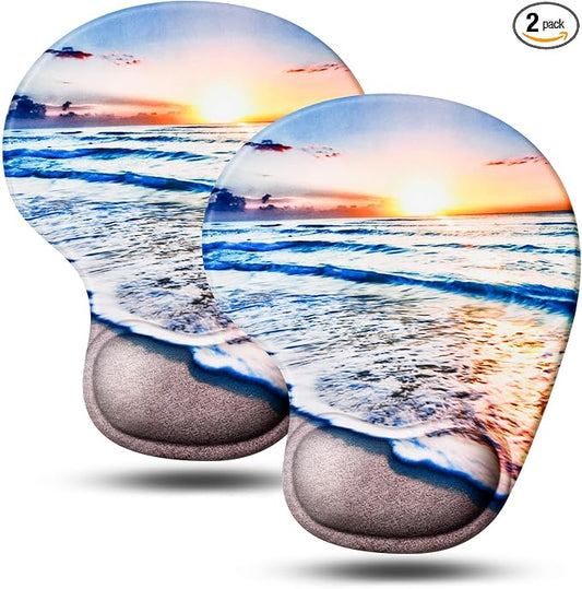 JIKIOU Mouse Pad, 2 Pack Ergonomic Mouse Pads with Comfortable Gel Wrist Rest Support and Smooth Cloth, Non-Slip PU Base for Easy Typing Pain Relief Durable and Easy to Clean Small Beach