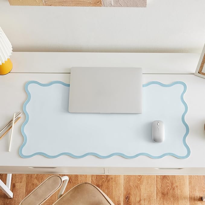 Scalloped Desk Mat, 31.5" x 15.7", PU Leather, Waterproof Anti-Slip, Cute Aesthetic Desk Pad for Office/Home/Game/Vanity (Blue, 31.5" x 15.7")