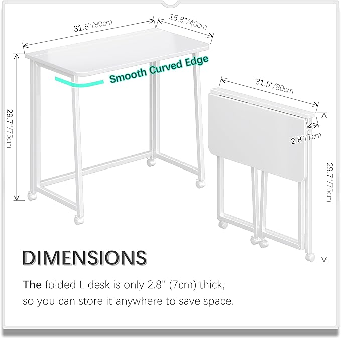 4NM 31.5" Mobile Small Folding Desk, Foldable Rolling Computer Home Office Desk, Study Writing Table for Small Space Saving Bedroom, with Wheels - All White