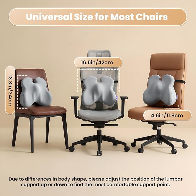 ZZ-WELL Lumbar Support Pillow for Office Chair - Ergonomic Back Support Cushion for Mid Lower Back Pain Relief, Posture Improved - Adjustable Straps, Breathable & Removable Cover (Grey)