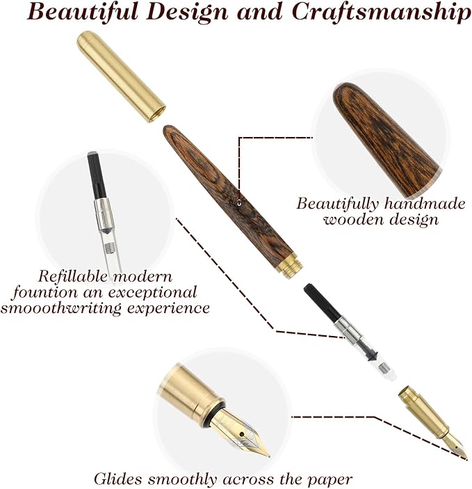 cobee Handcrafted Wooden Fountain Pens Set, Vintage Luxury Wood Fountain Pen 0.5mm Fine Point Smooth Writing Pen With 12 Ink 2.6 mm Cartridges and Gift Box for Journaling Calligraphy Supplies(B)