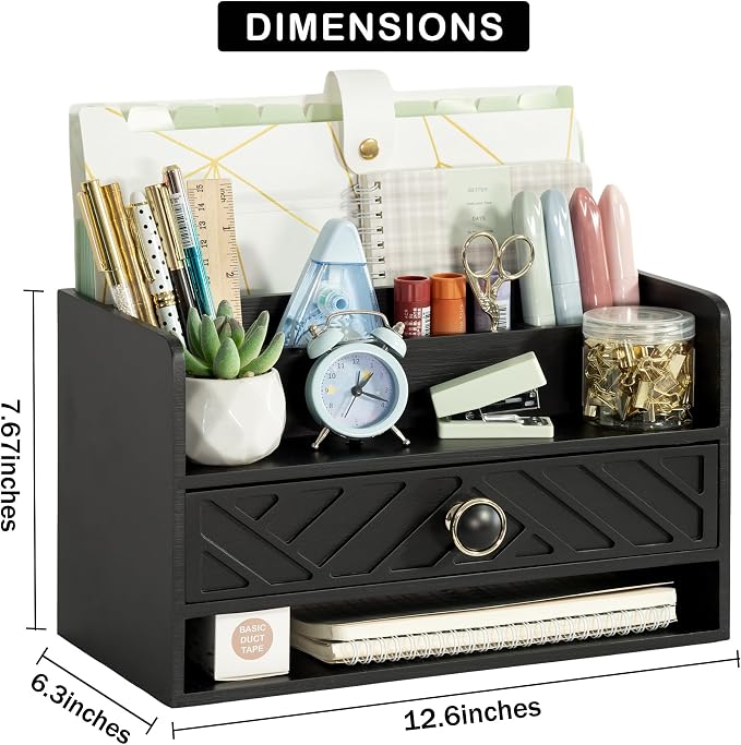 dreampossible Black Wood Desk Organizer and Accessories with Drawer, Bill Mail Organizer and File Mail Holder for Office Supplies, Desk Accessories & Workspace Organizers for Desk Organization
