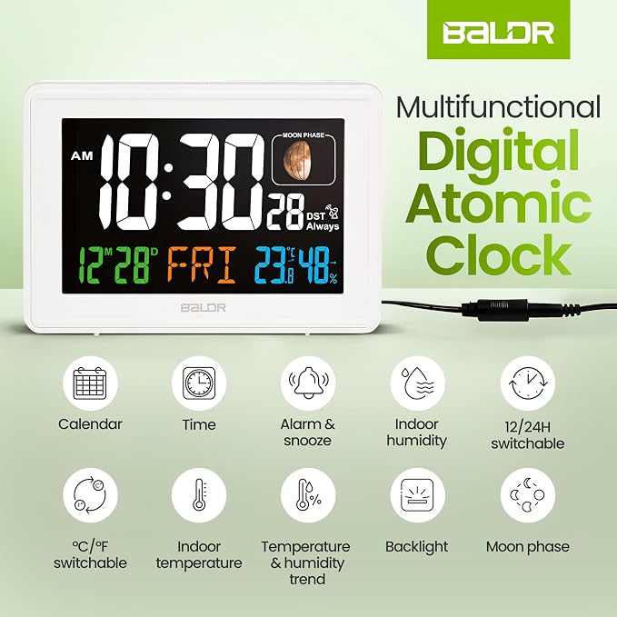 Baldr Digital Alarm Atomic Clock, 7'' Display with Adjustable Brightness | Large Desk Clock Indoor Temperature, Humidity & Moon Phase for Living Room Bedroom, Adapter Powered, White