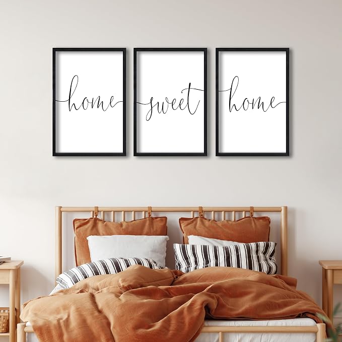 RLWangChao Home Sweet Home Sign Set of 3 Wall Art Decor 16"X11" Vintage Bedroom Above Bed Minimalist Modren Living Room Wooden Framed Warm And Cozy Family Wall Hanging Decoration (Black)