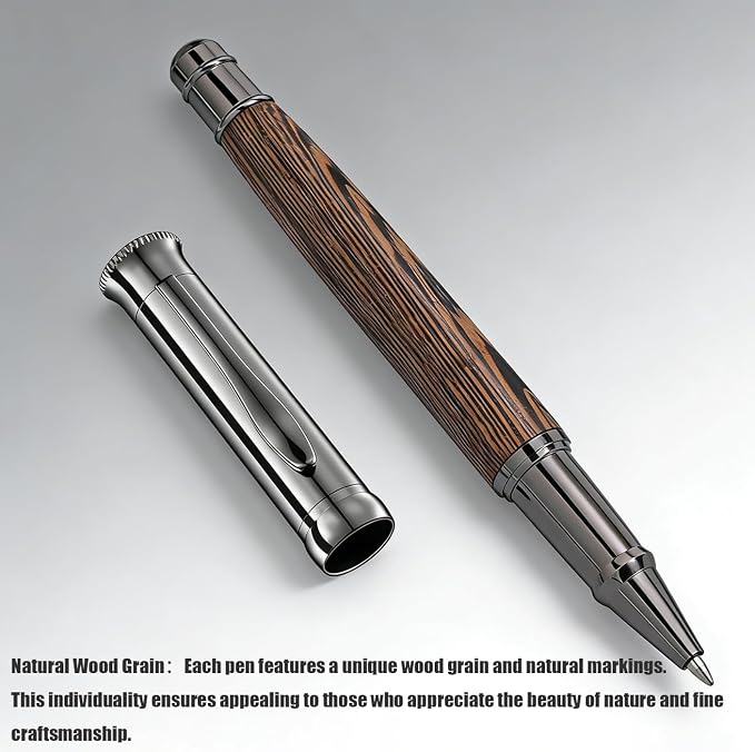 Luxury Wood Rollerball Pen Set, 0.5mm Black Ink Handcrafted Chicken Wing Wood Signature Pen, Professional Executive Pens with Metal Box for Men Women