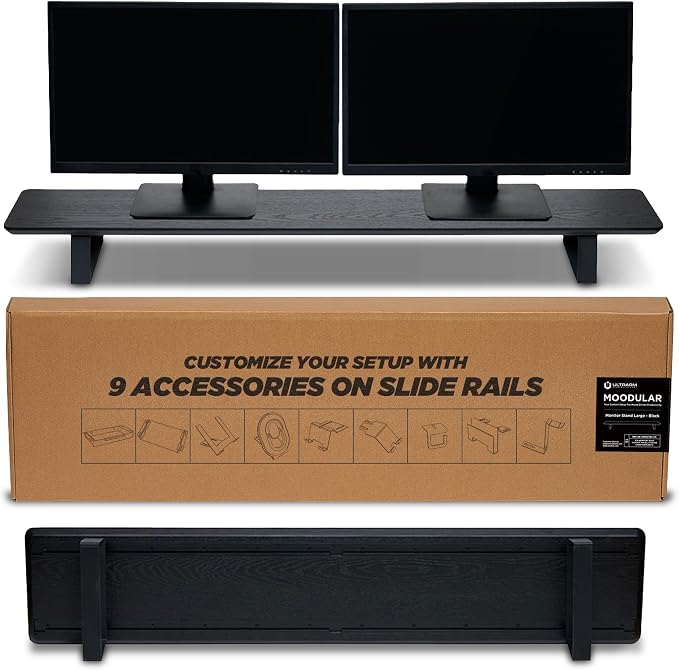 Moodular Wooden Monitor Stand Desk Organizer, Large 45.6" Black | Customizable Organized Workspace, Aluminum Slide Rails, 10 Add-Ons Sold Separately: Storage Drawer, Tablet, Phone & More