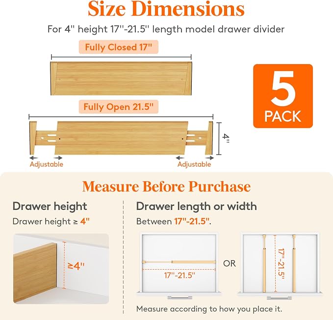 Lifewit 4" High 5 Pack Bamboo Drawer Dividers 43-54cm/17-21.5" Adjustable Wooden Drawer Organizer for Clothes/Utensils, Expandable Drawer Separator for Dresser/Kitchen/Bedroom/Office Organization
