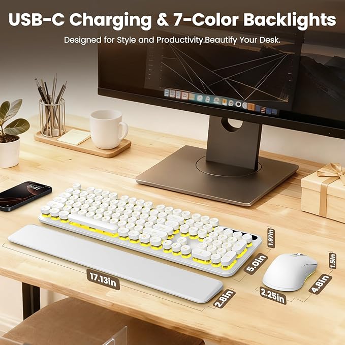 Wireless Keyboard and Mouse Combo, Backlit Round Keycaps, Retro Typewriter Keyboard with Detachable Wrist Rest, Rechargeable & Tilt Legs, 2.4GHz Cordless Connection for Windows/PC (Glowing White)