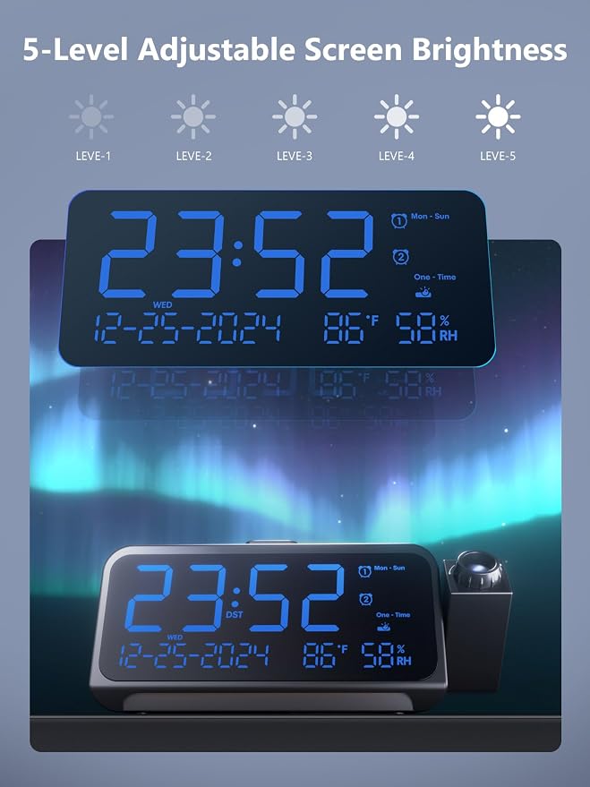 OnLyee Projection Clock for Bedroom Ceiling, Alarm Clock for Heavy Sleepers | 350° Rotatable Projector, Dual Alarms, 5 Brightness, Weekday/Weekend Mode, Temp & Humidity, Snooze, USB Charger