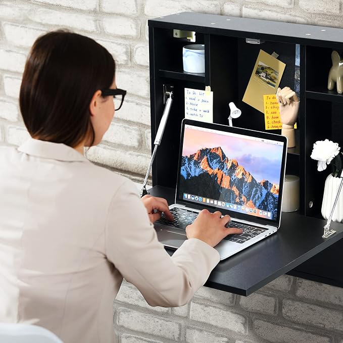 COSTWAY Wall-Mounted Computer Desk, Floating Desk with Storage Drawer & Shelves, Fold-up Desktop & Pneumatic Springs, Ideal for Home, Office, Dormitory, Small Spaces (Black)