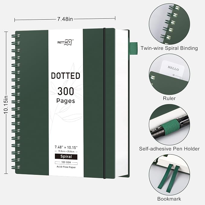 RETTACY Dotted Journal Notebook, 300 Pages, B5 Medium Size (7.4'' × 10''), 100 GSM Thick Paper, Flexible Plastic Cover, Spiral-bound, for Journaling, Planning, Tracking (Deep Green)