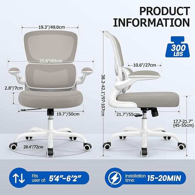 ALLGOD Office Chair Ergonomic Desk Chair, Breathable Mesh Desk Chair Comfy with Lumbar Support, Flip-up Armrests, Computer Chairs Comfortable for Home, Office, Work, Standard, 300Lbs