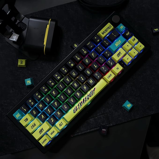 PBT Keycaps V2 Cyberpunk Keycaps Shine Through Side Printed Thick Cherry Profile 130 Keys Dye Sub Custom Set for ISO ANSI 60 65 75 100 Percent Mechanical Keyboard -Cyber Lemon v2