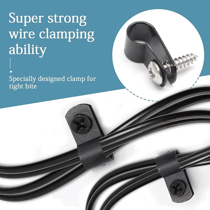 50 Pcs 1/3 Inch Black Nylon Cable Clip Wire Clamp, R-type | 8.4mm, Screw Mounting, Wire Management, Stainless Steel Screws Included