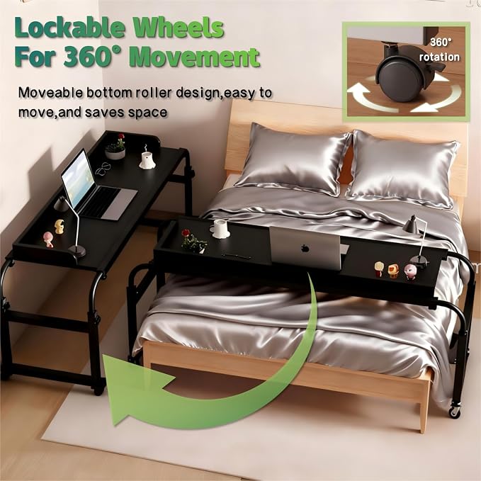 Overbed Table with Wheels and Desktop Enclosure, Height and Length Adjustable Over Bed Desk King Queen Bed Table Overbed Laptop Table (Black)