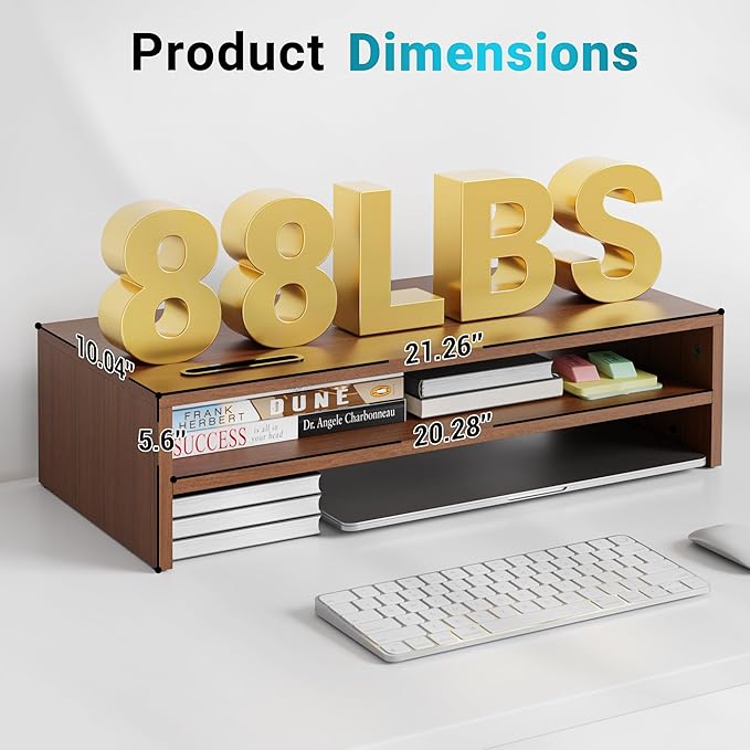 BONTEC Walnut Monitor Stand Riser, 21.3 Inch 2-Tier Wood Desk Shelf for Monitor & Laptop, Desktop Organizer with Cable Management and Phone Holder, Ergonomic Computer Riser, 66 lbs Capacity