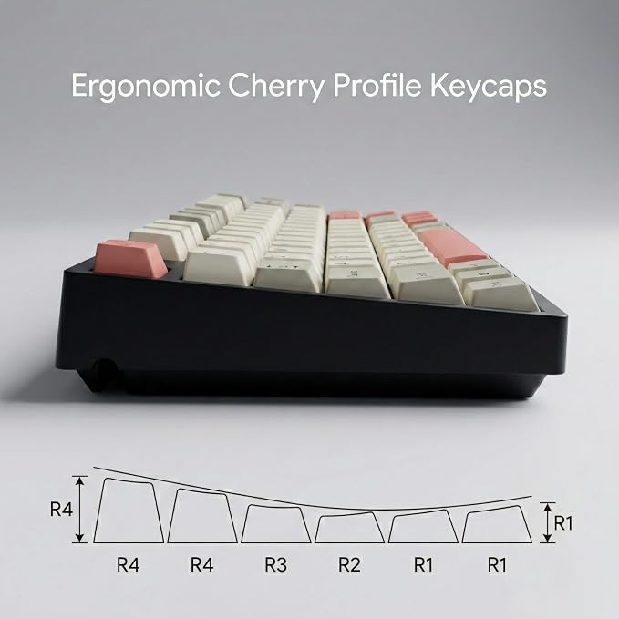 Retro 9009 Keycaps 148 Keys, Beige Grey PBT Dye-Sub Keycap Set with Pink Accents Cherry Profile for 61/64/68/84/87/100/104/108 Mechanical Keyboard Cherry Mx Switches