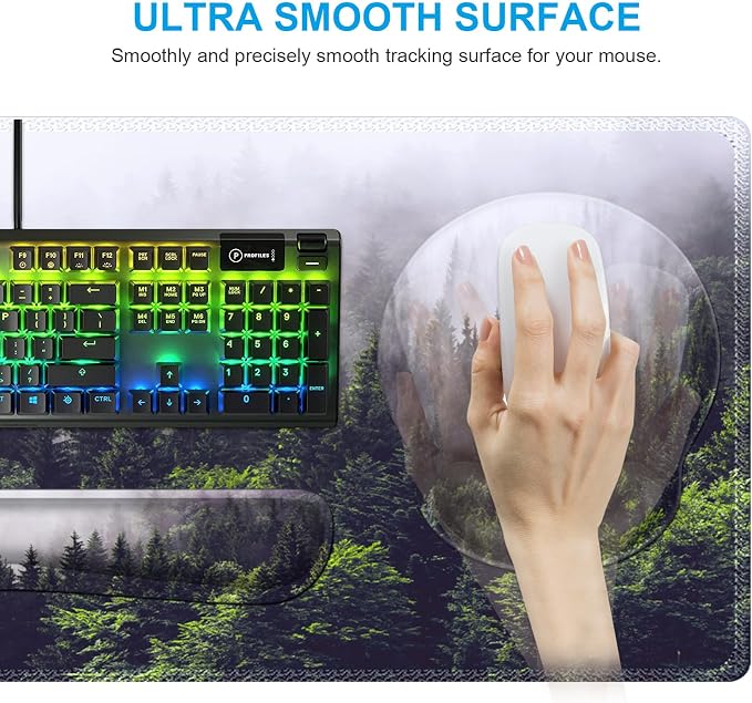 iCasso Desk Mat, Gaming Mouse Pad Wrist Support Set,4in1 XXL Large Mousepad + Keyboard Wrist Rest+Mouse Wrist Rest+Coaster Set with Ergonomic Design for Home Office Table Computer-Forest
