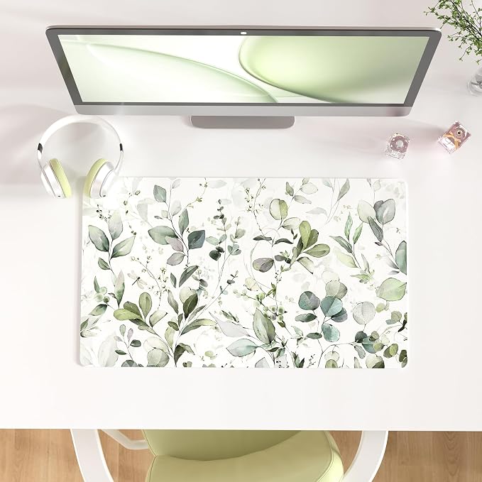 QIYI Large Mouse Pad, Extended Desk Mat for Desktop, PU Leather Waterproof Gaming Mousepad, Computer Desk Accessories Protector Writing Pads for School Office Home 23.6" x 13.8" - Soft Green Foliage