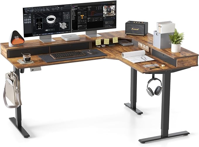 CubiCubi L Shaped Standing Desk with Drawers 63 x 48 Inch Adjustable Height, Electric Corner Desk with Storage, Sit Stand Home Office Desk with Splice Board, Rustic Brown