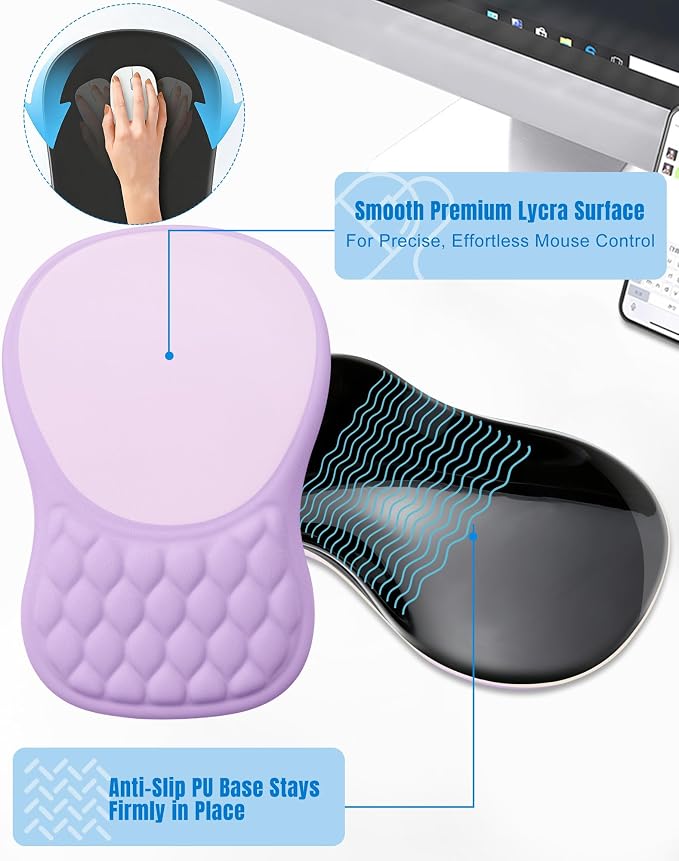 Ergonomic Mouse Pad with Wrist Rest, Slope Design Memory Foam Support, Smooth Lycra Surface, Non-Slip PU Base, Comfortable Mouse Mat for Office, Home, Computer Desk (Purple&Grey)