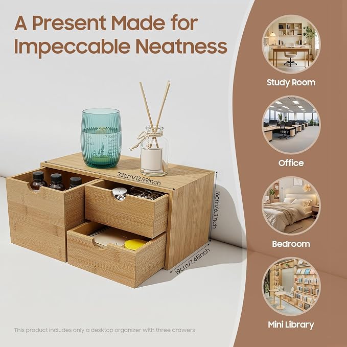 Desk Organizer, Office Vanity Bamboo Desk Organizer, Mini Bamboo Desk Drawer Tabletop Storage Box with 3 Drawer Night Stand Table Organizer for Makeup Vanity Office Supplies (3 Drawer, 1 Left+2 Right)