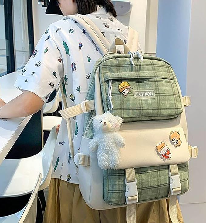 Aobiono 5Pcs Kawaii Plaid Backpack Set Aesthetic Preppy Cute Check with Pins Bear Pendant Light Academia School Supplies Kit