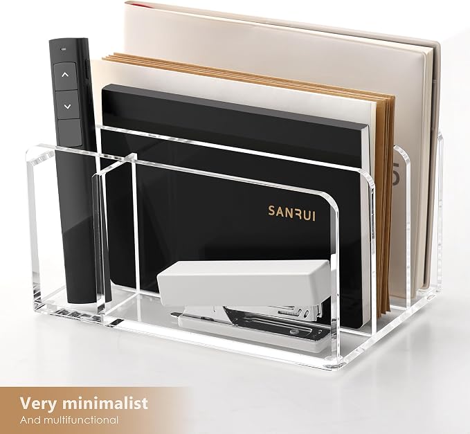 SANRUI Acrylic Mail Sorter Desktop Organizer with Pen Holder, 3 Compartments Clear Small File Script Letter Document Storage for Desk Bill Filling Envelope Holder Office, Home, School Organization