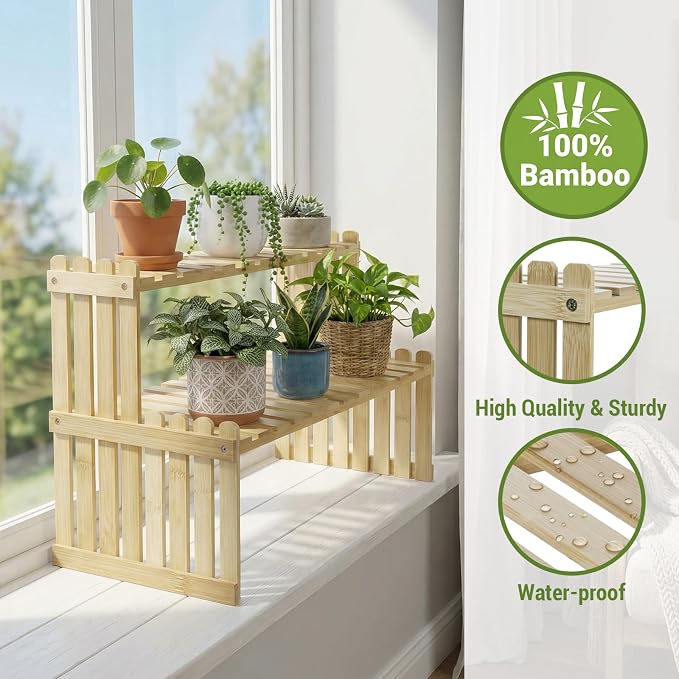MyGift Bamboo Desktop Plant Stand, 2 Tier Slatted Shelf Organizer Rack | Natural bamboo stand adds two tiers for displaying plants, décor and essentials while keeping desks and countertops organized