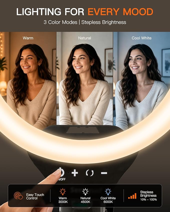 Sensyne Ring Light with Stand, 50" Phone Tripod for iPhone & Android, LED Ring Light with Remote, 3 Color Modes & 10 Brightness Levels for TikTok, Zoom & Video Recording