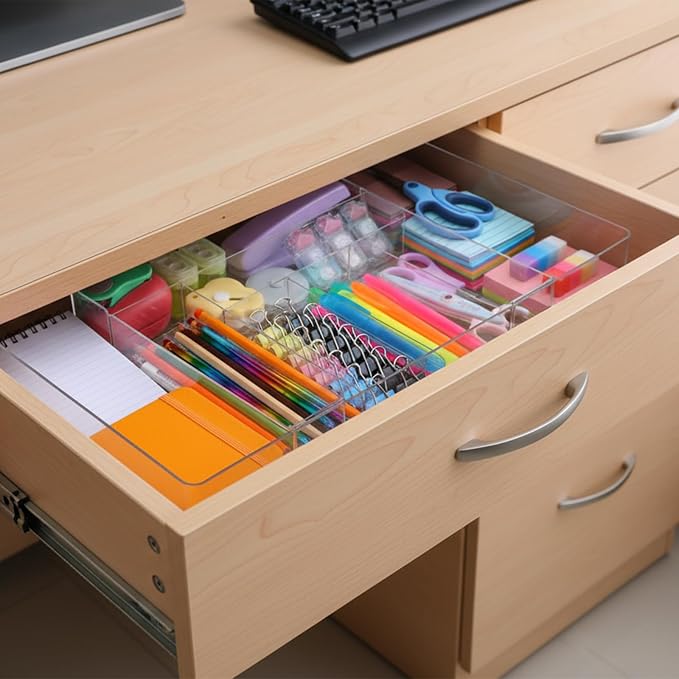 2 Pcs Large Expandable Desk Drawer Organizer, Adjustable Drawer Dividers Tray with Compartments for Organizing Pens, Pencils, Paper Clips and Sticky Notes, Office, Kitchen, Desk Supplies
