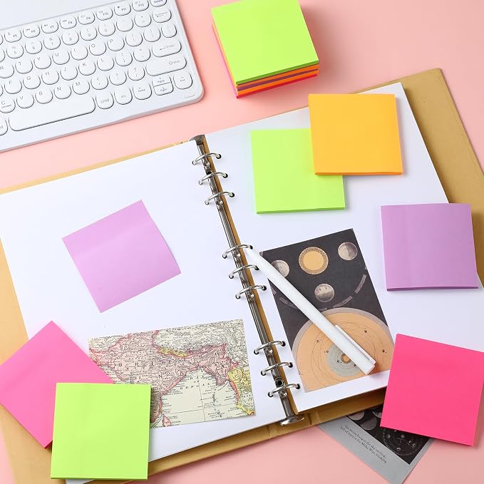Thenshop 12 Pads Neon Fluorescent Pastel Sticky Notes 3''x3'', Self Stick Notes Pads Neon Fluorescent Pastel Office Supplies, Vintage Aesthetic School Accessories 50 Sheets/pad