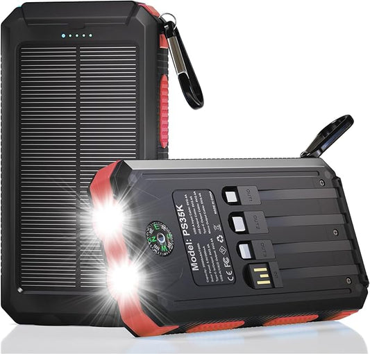 Solar Charger Power Bank 20,000mAh, Portable Charger, 4 Cables 3 Ports Fast Charging External Battery Pack with USB C for Cell Phones, Solar Panel Charger with Dual Flashlight for Camping Red