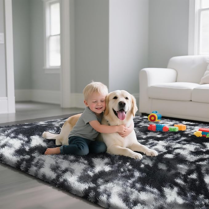 yongyangjuxin Fluffy Rug Shag Area Rug, Mottling Black 9x12 Area Rugs for Living Room, Large Shag Area Rugs for Bedroom Room Home Decor, Upgrade Anti-Skid Rectangular Fuzzy Rugs