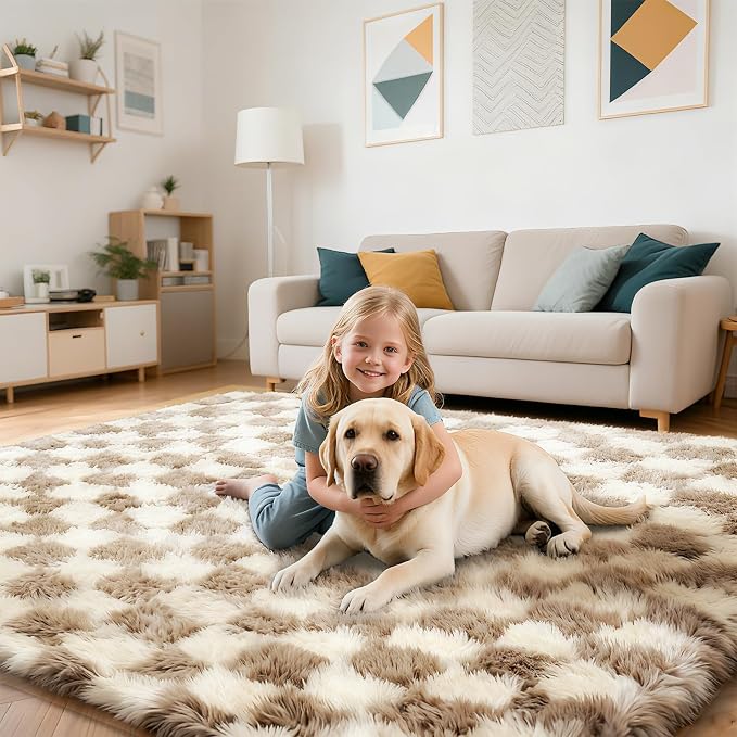 Checkered Rug for Bedroom, 2x6 Beige and White Area Rugs, Classic Checkered Carpets Shag Area Rug, Bedside Rugs for Living Room Bedroom Room Home Decor
