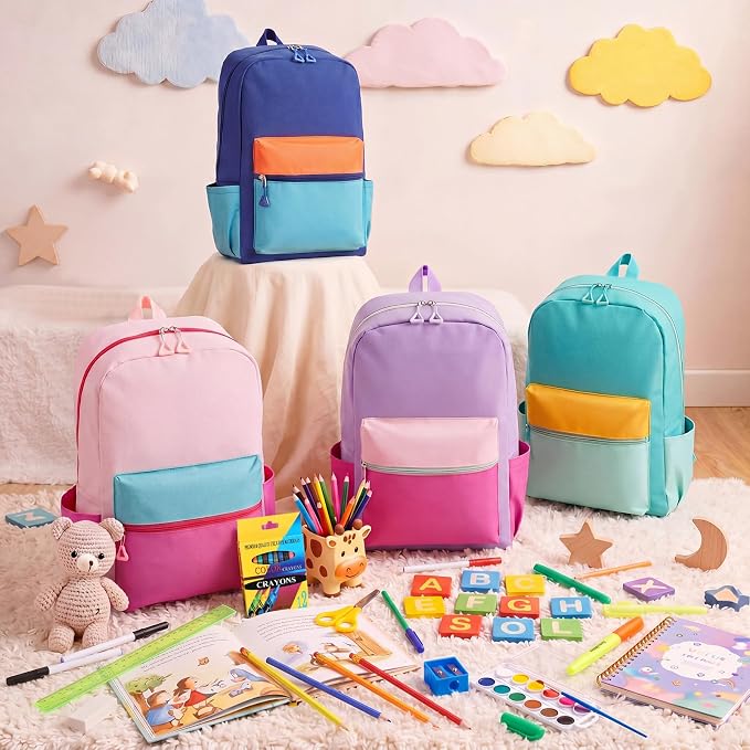17'' Backpacks Bulk with Supplies Stationery Kits, Printed Bookbags and Writing Accessories Kit for Donation(Color Block,12 Pack)