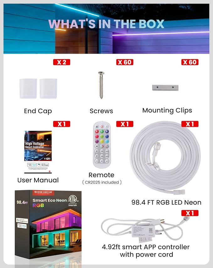 Shine Decor Smart LED RGB Neon Rope Lights AC 120V, ETL Expandable Color Changing Dimmable with Remote Compatible with Alexa, Google Assistant, Cold-Resistant & IP65 Waterproof, 8x16 mm, 98.4FT