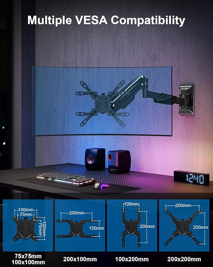 Single Monitor Wall Mount for Max 43" Holds up to 33.1lbs Screen | Wall Monitor Mount for Ultrawide Computer Screen, Height Adjustable Full Motion Gas Spring Vesa Wall Mount, Max 200x200mm