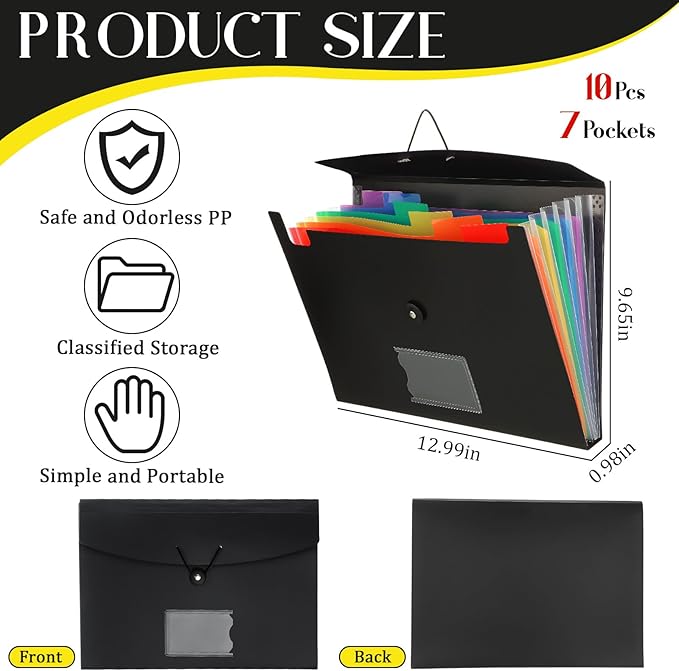 Glenmal 10 Pcs 7 Pocket File Folders File Organizer Expanding Folder with Labels Plastic Pocket A4 Letter Size Paper Organizer for Office Back to School Supplies(Black)