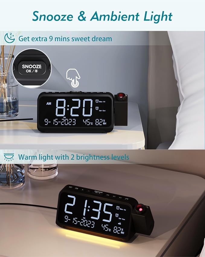 Roxicosly Projection Alarm Clock for Bedroom Ceiling, 118 dB Super Loud for Heavy Sleepers, Plug in Dual Alarm with Weekday/Weekend, 6.7" Large Digital Dimmable Display, Easy to Read