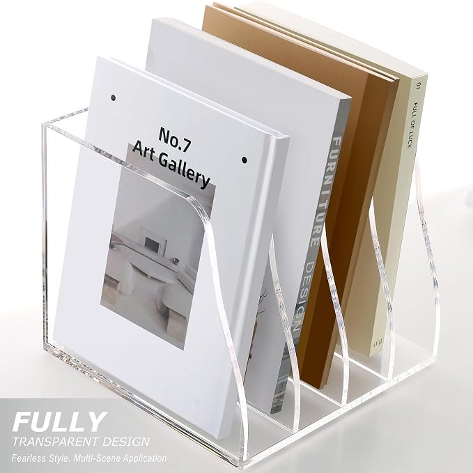 SANRUI Acrylic Desk File Organizer, Clear Magazine File Holder 6 Slot | Vertical Workspace Sorters, Folder Rack for Office Accessories Organization Storage