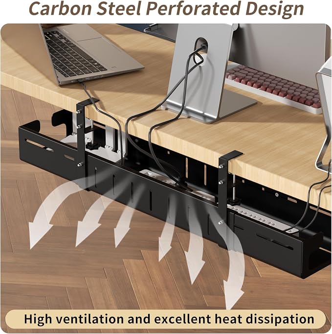 Under Desk Cable Management Tray,Expandable 25.2Inch – 38Inch,Black | Heavy Duty Carbon Steel,Cable Tray with No Drill Clamp Mount,Adjustable Under Desk Cord Management for Office Home,Rustproof