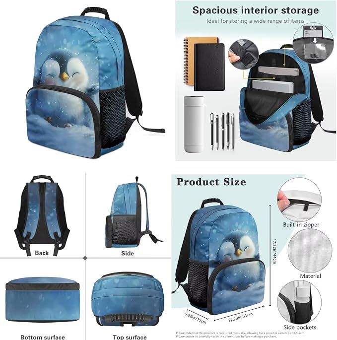 Ystardream Cute Penguin Backpack for Girls Backpack and Lunch Box Lightweight Elementary School Bag with Comfortable Adjustable Straps for Student Easy Carry 4 Pcs Kindergarten Supplies for Teenager