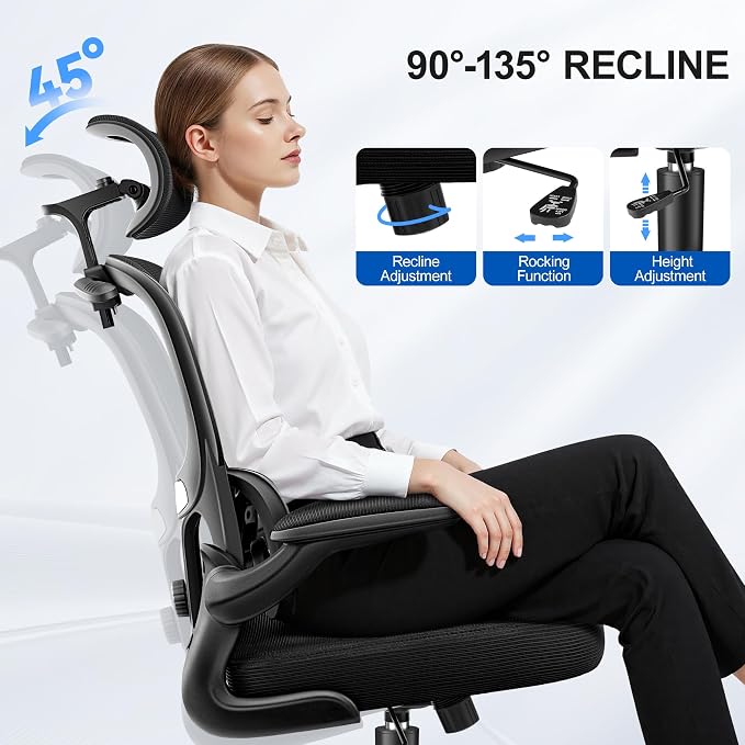 ALLGOD Ergonomic Office Chair, Mesh Desk Chair with Lumbar Support, High Back Home Office Chair with Adjustable Headrest and Flip-Up Arms, Comfortable Computer Chair, Thick Cushion,Black-8 Pack