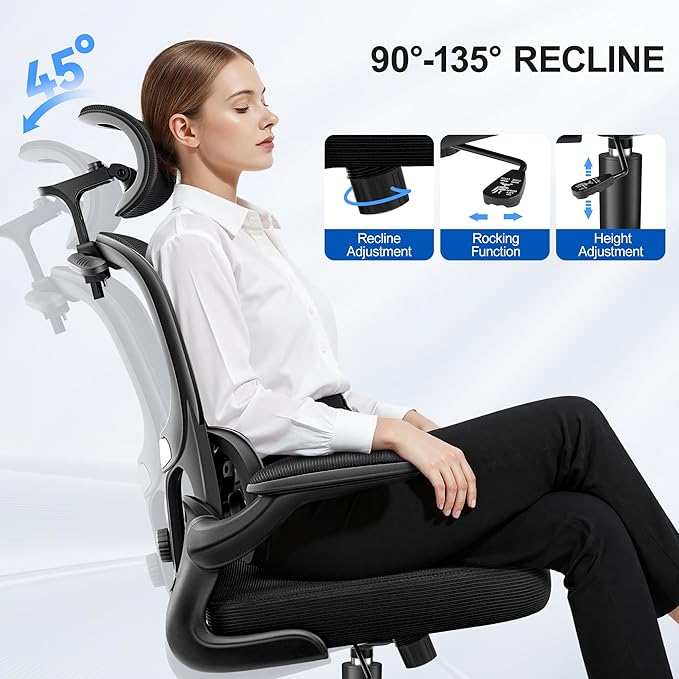 ALLGOD Ergonomic Office Chair, Mesh Desk Chair with Lumbar Support, High Back Home Office Chair with Adjustable Headrest and Flip-Up Arms, Comfortable Computer Chair, Thick Cushion,Black-4 Pack
