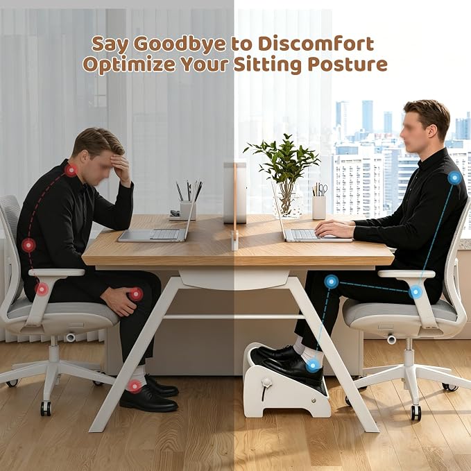 Adjustable Under Desk Footrest-Bamboo 4-Position Ergonomic Office Foot Stool with Large Non-Slip Surface, Improves Posture for Home,Office & Computer Desk Use (White)