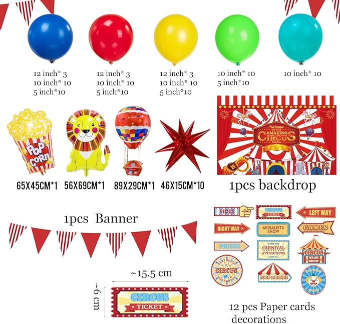 Circus decorations include Red Blue Yellow Balloon garland kit & foil hot air popcorn lion balloons & striped banner & Backdrop road sign paper for carnival circus theme party decorations